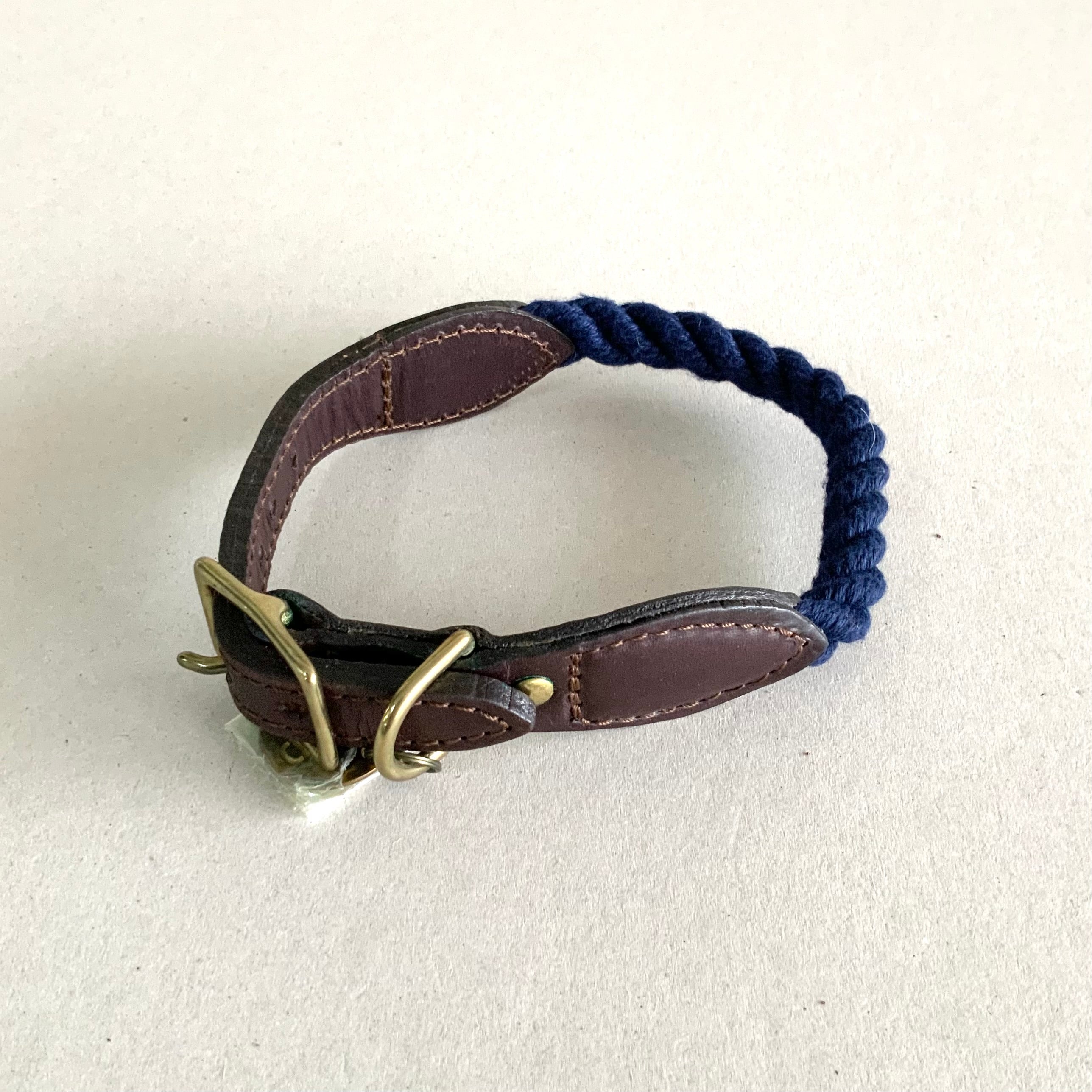 Cotton Rope and Leather Collar for Dogs and Cats, Navy