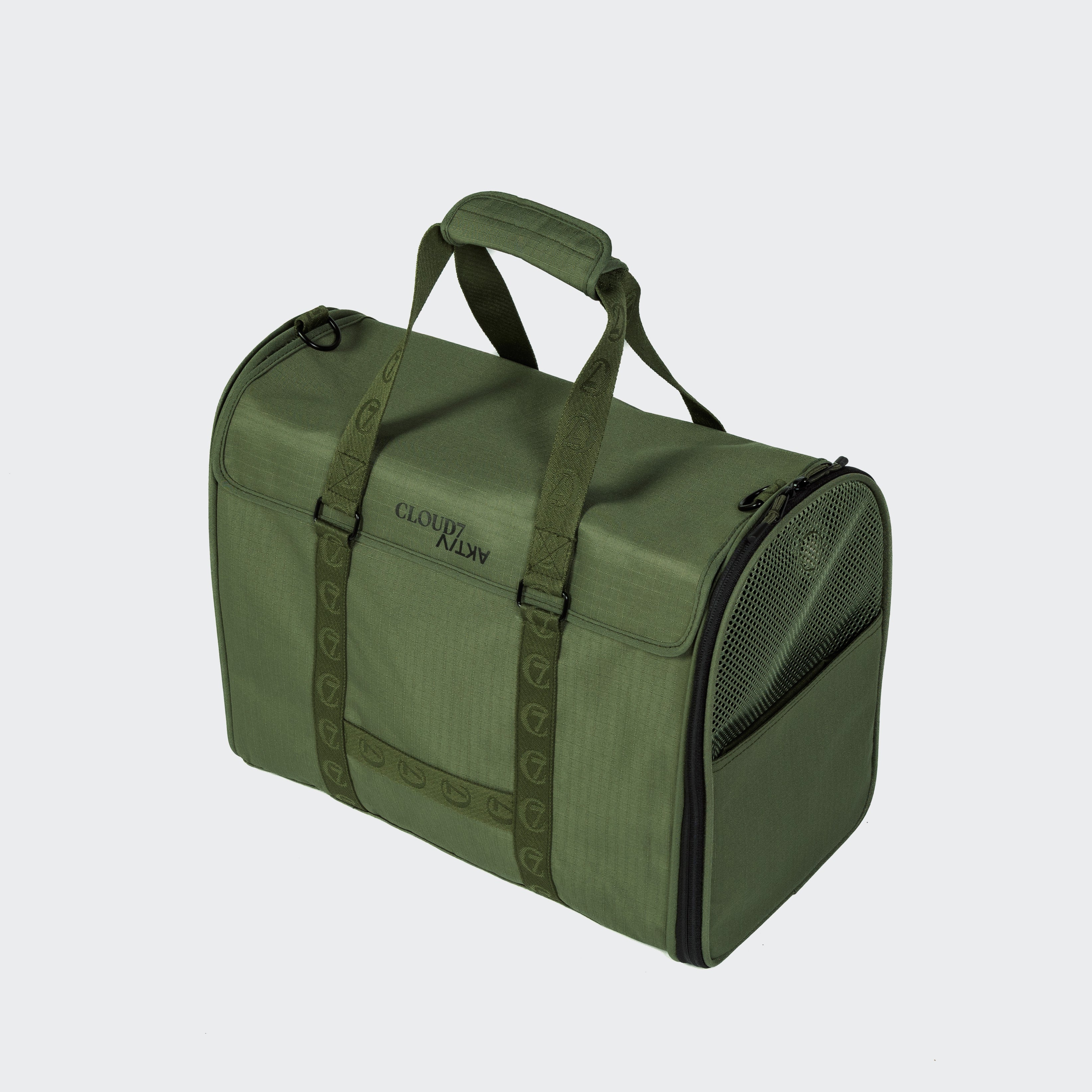 The Cloud7 AKTIV dog flight carrier bag in Olive, displaying its sturdy, airline-approved silhouette for premium pet travel.