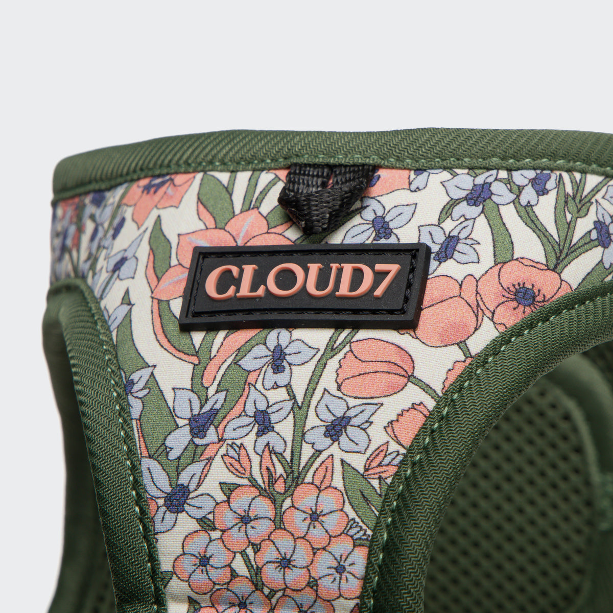 Cloud7 LTTL lightweight ergonomic step in harness for small dogs in a green and pink floral blossom print.