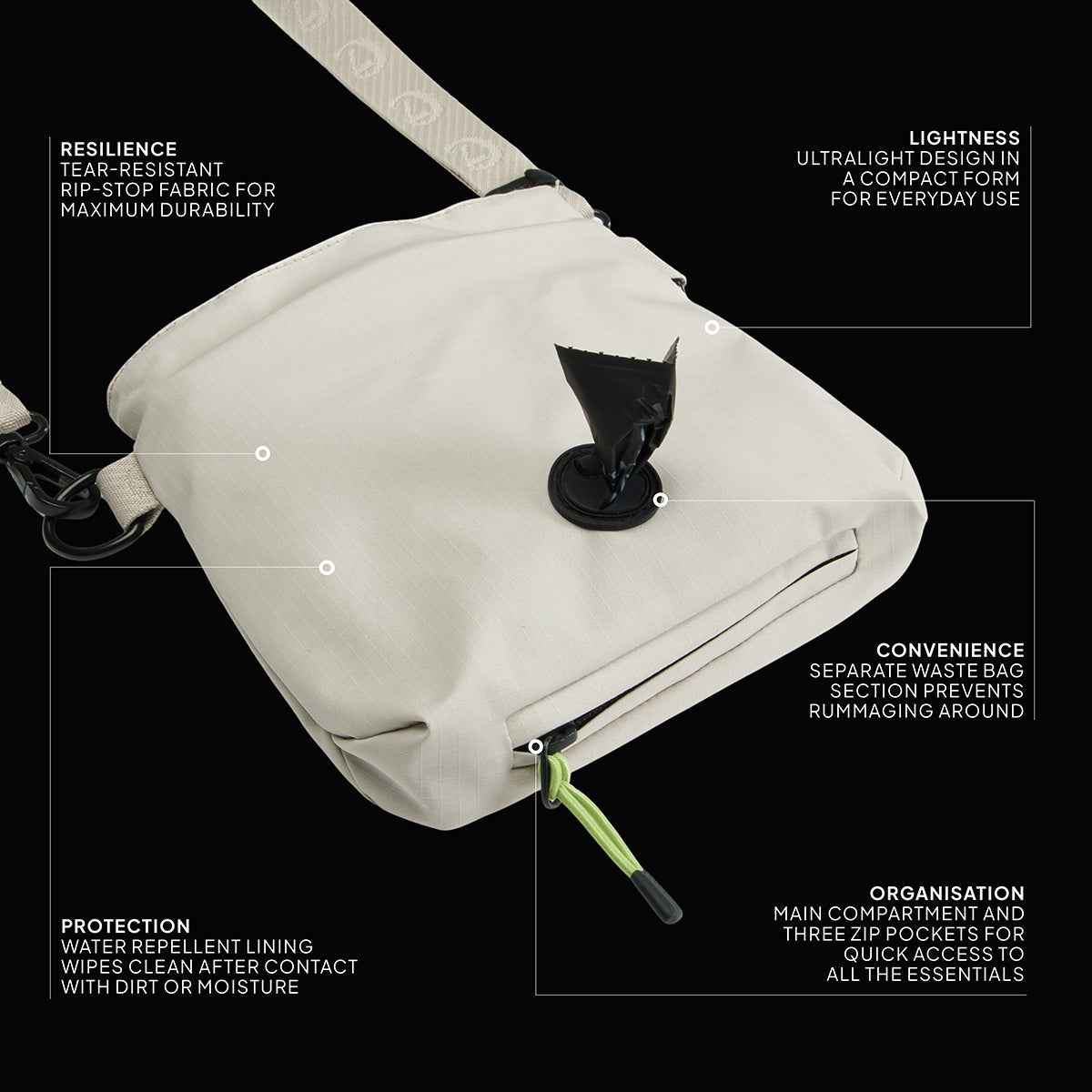 Premium tear-resistant ripstop crossbody Cloud7 AKTIV dog treat pouch with water-repellent inner lining.