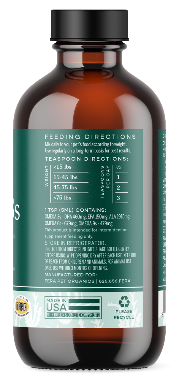 Fera Pet Organics Dog and Cat Supplement, Vegan Omega-3, 6, 9s Algae Oil