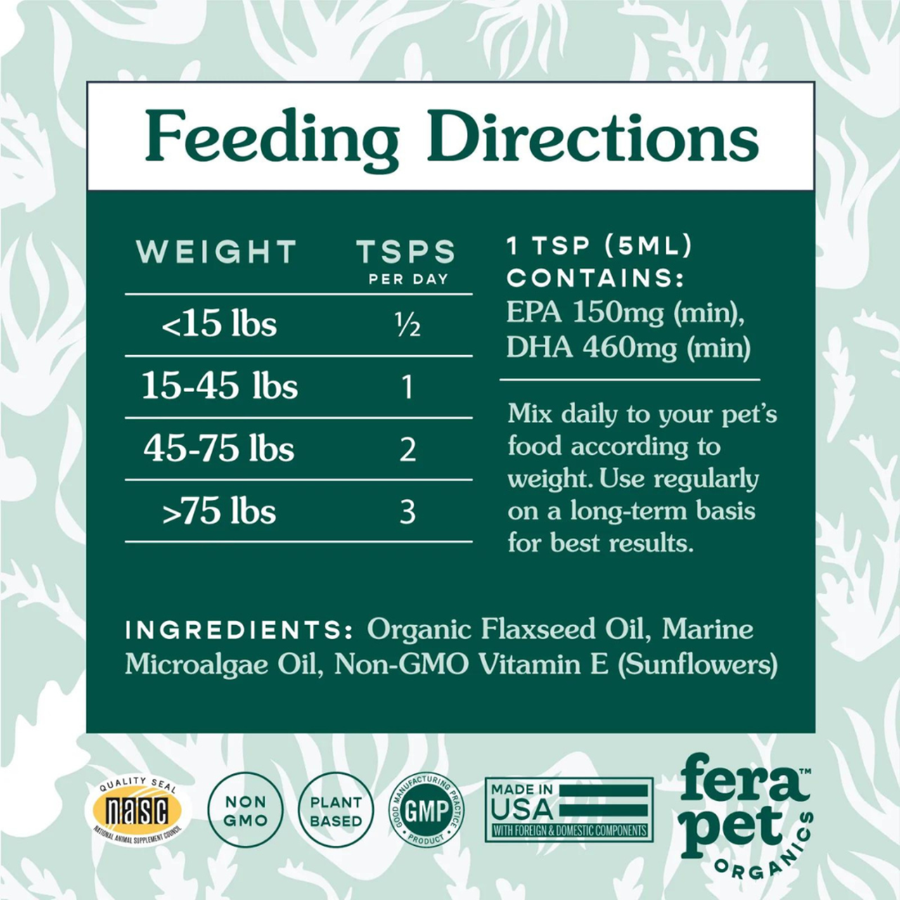 Fera Pet Organics Dog and Cat Supplement, Vegan Omega-3, 6, 9s Algae Oil