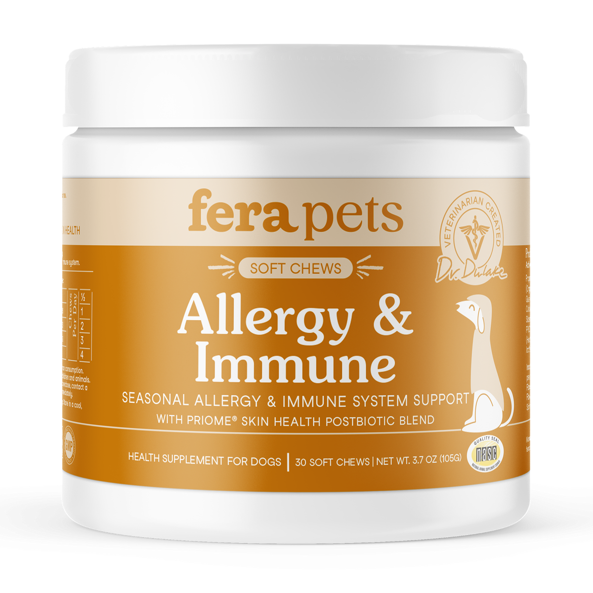Fera Pets Organic dog allergy soft chews supplement jar for immune support and itchy skin relief 30 soft chews