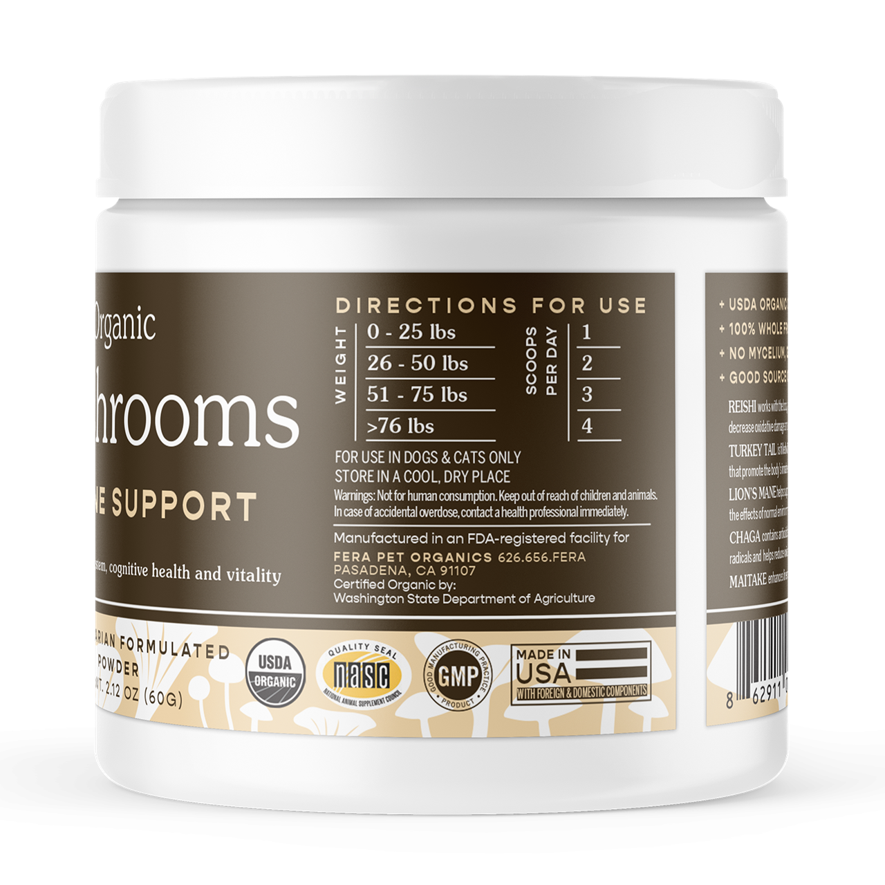 Fera Pet Organics Dog and Cat Supplement, USDA Organic Mushroom Blend for Immune Support