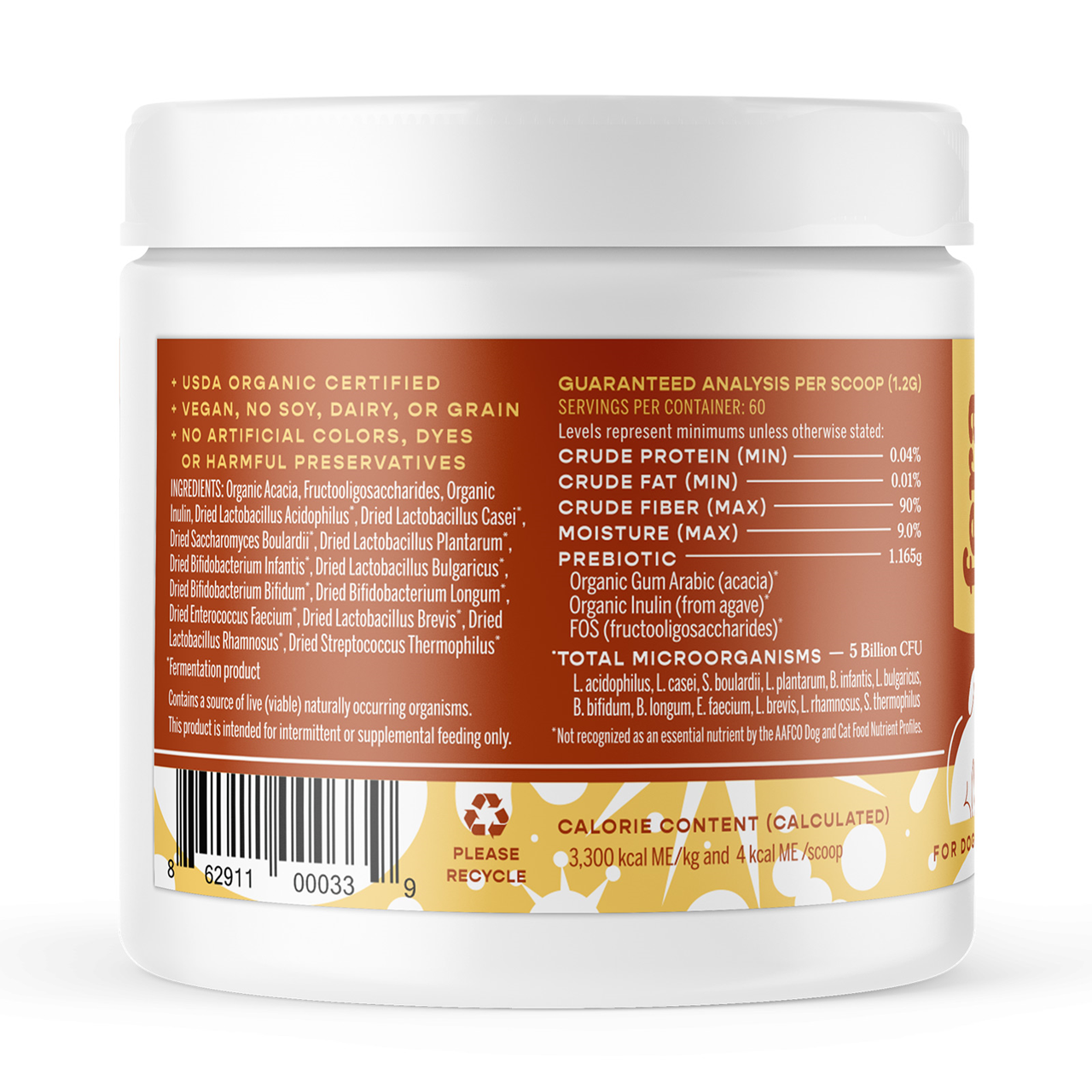 Fera Pet Organics Dog and Cat Supplement, USDA Organic Probiotics with Prebiotics