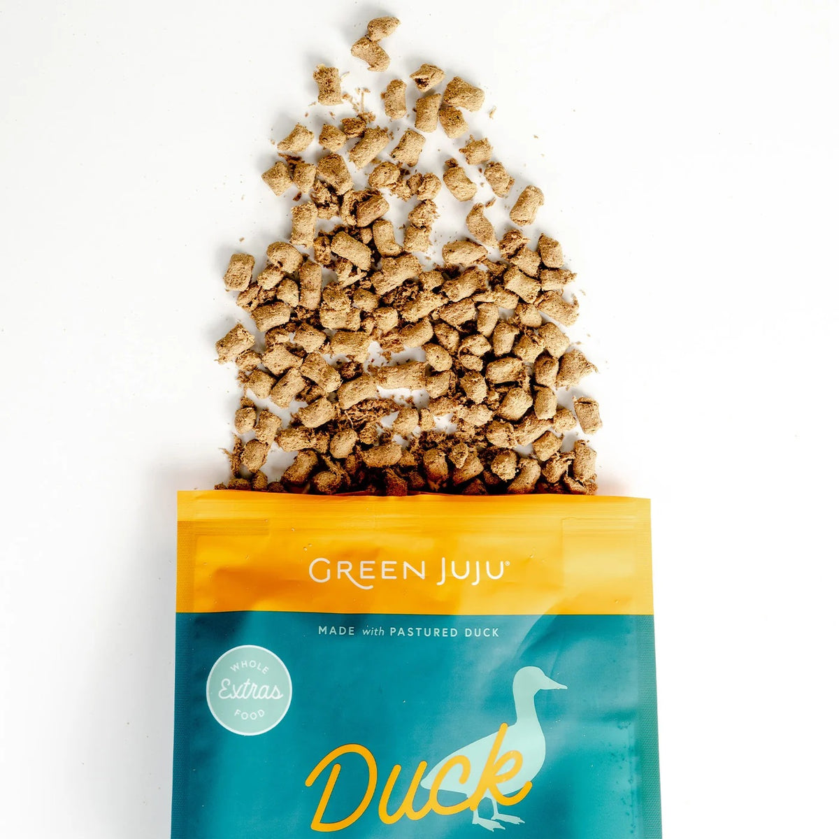 Green Juju Premium freeze-dried duck and sardine food bag for dogs and cats needing a cooling diet.