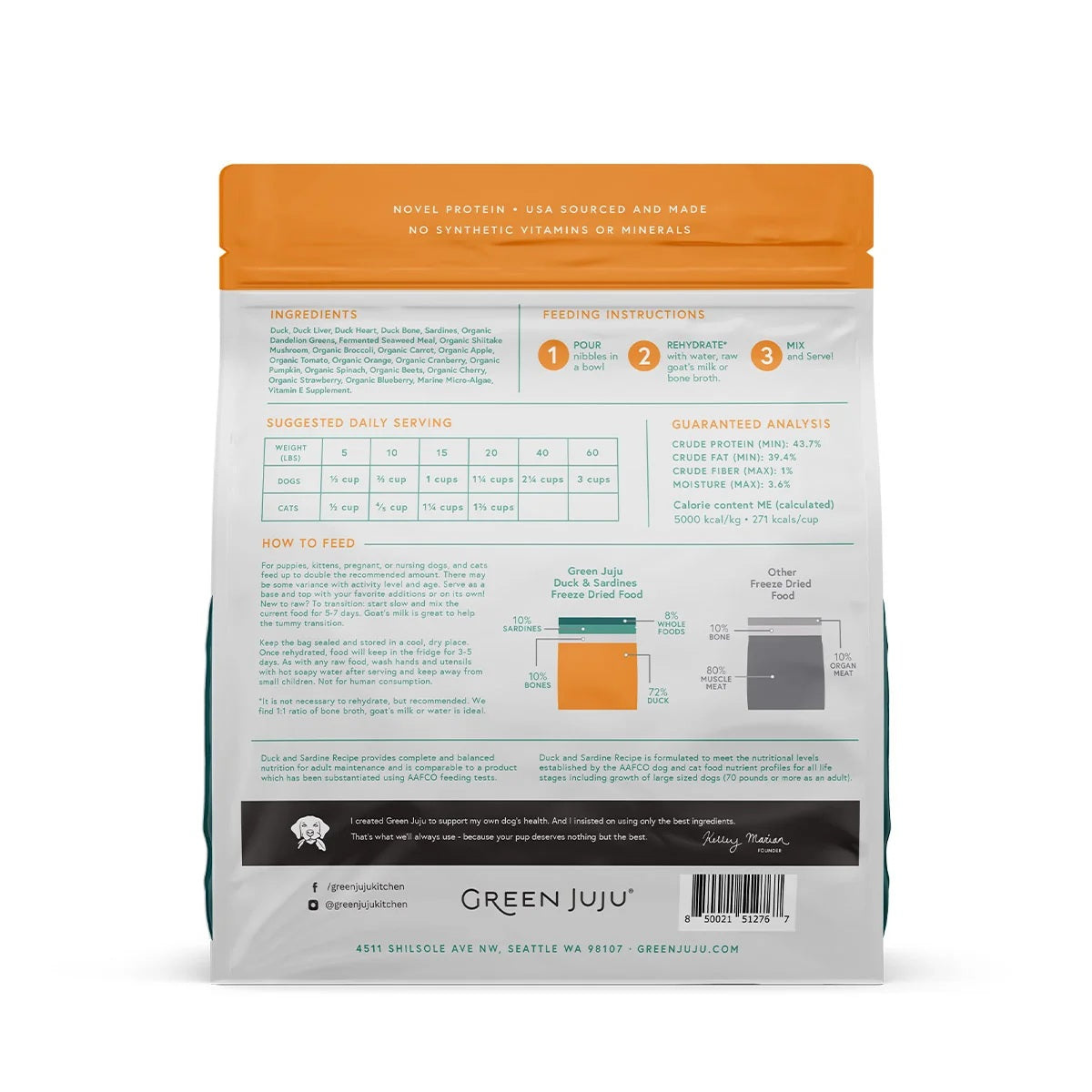 Green Juju Premium freeze-dried duck and sardine food bag for dogs and cats needing a cooling diet.