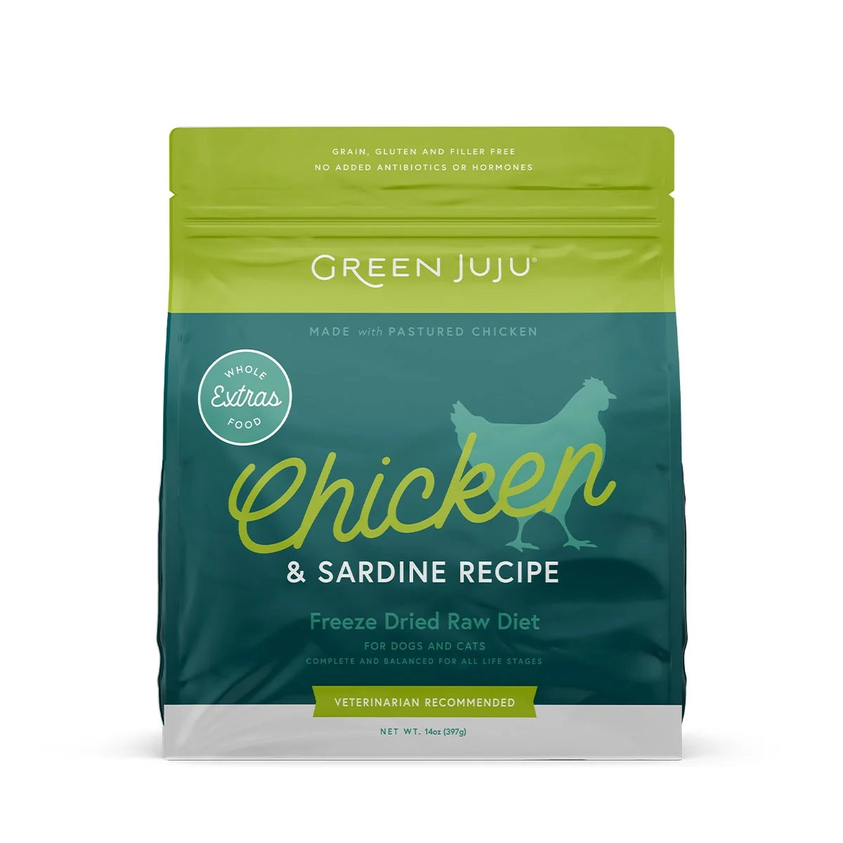 Low-carb Green Juju freeze-dried raw chicken and sardine pet food nuggets rich in antioxidants.