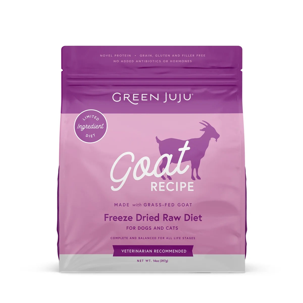 Green Juju premium freeze dried raw goat food bag for dogs and cats with food sensitivities.