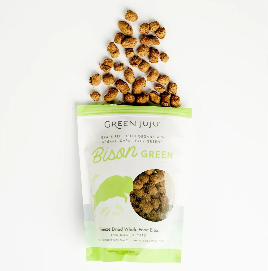 Green Juju Freeze Dried Bison Green Bites antioxidant rich dandelion greens and bison meat treats for pet gut health