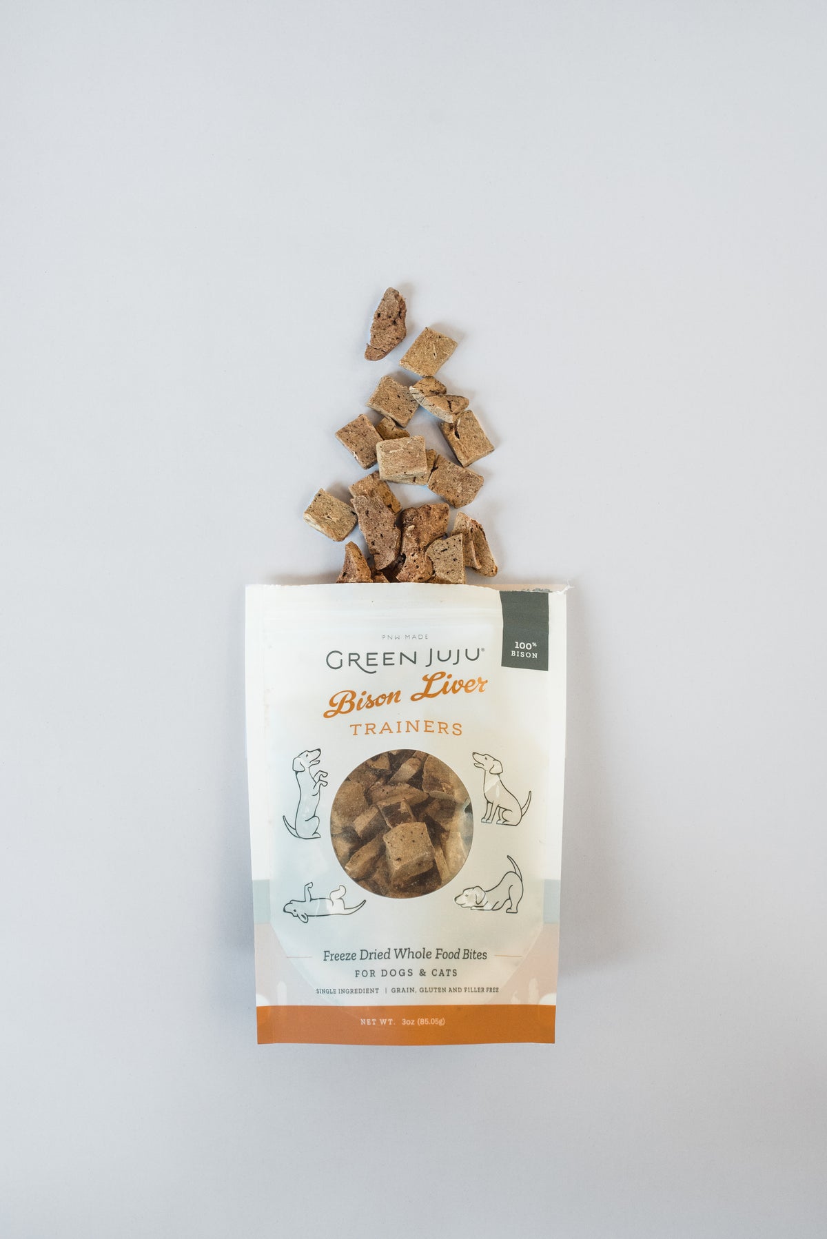 Green Juju freeze-dried bison liver trainers for whole-body vitality, nutrient-dense neutral protein organ treats for training puppies and kittens.