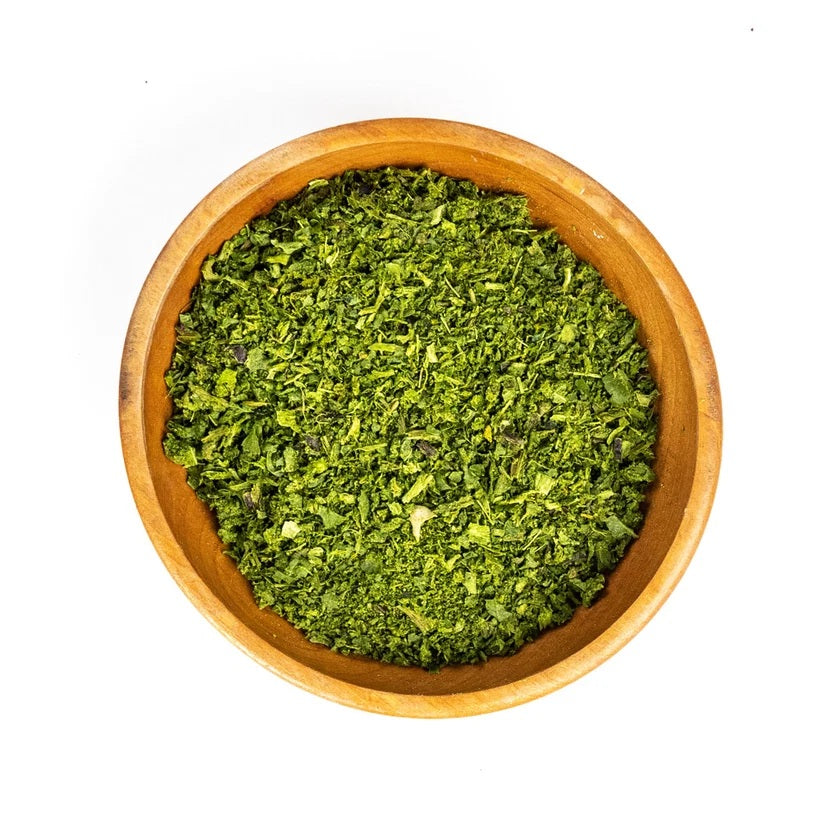 Green Juju shelf-stable freeze-dried green pet food topper pouch, a holistic gut health and constipation supplement for cats and dogs.