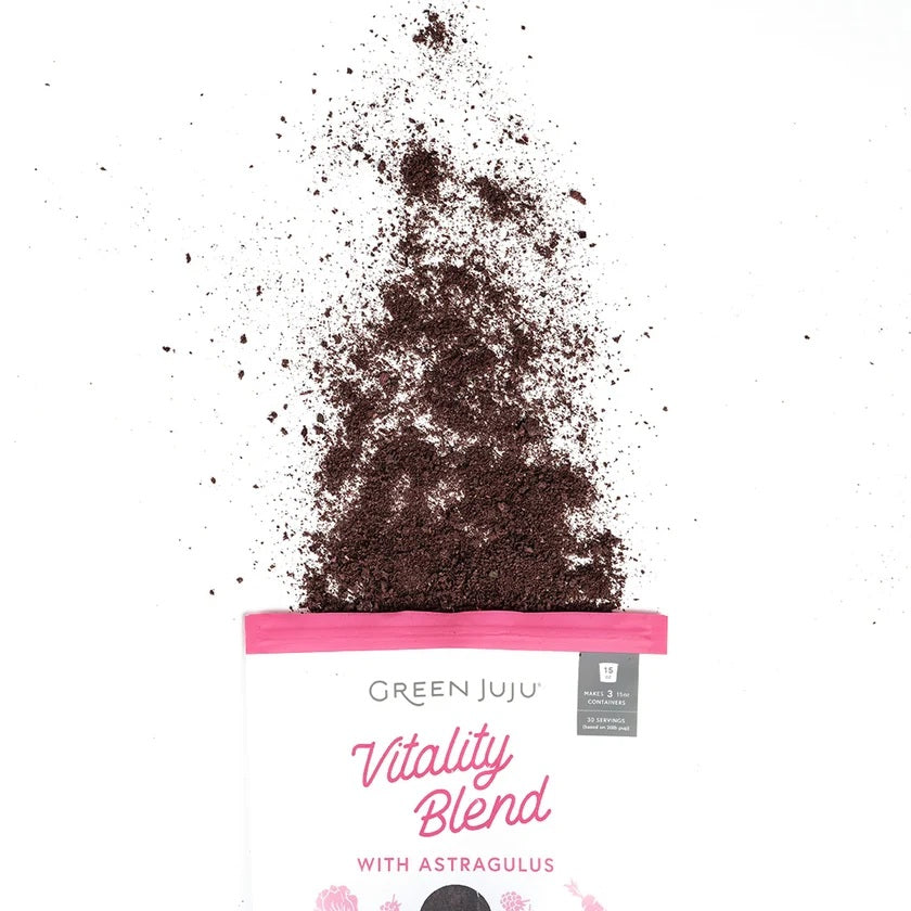 Green Juju purple veggie vitality pet food topper pouch, an adaptogenic gut health and anti-inflammatory supplement for sensitive dogs and cats.