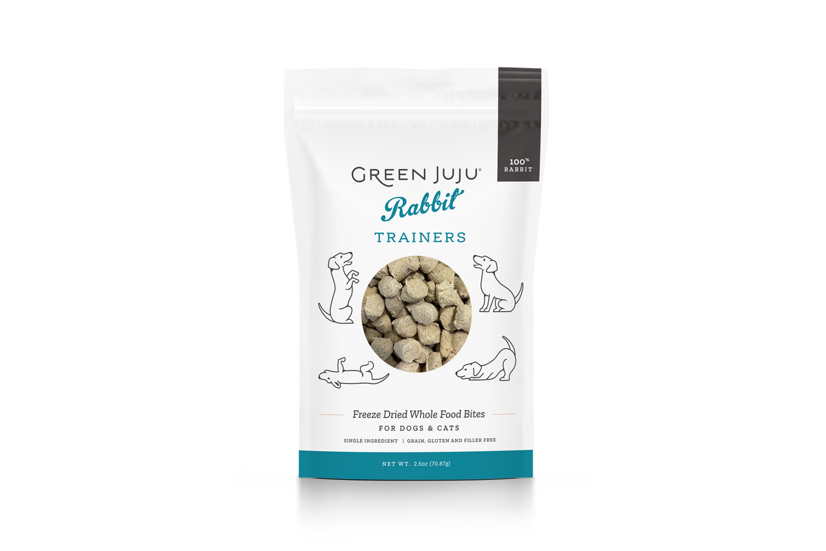 Green Juju freeze-dried rabbit trainers for sensitive tummies, single-ingredient low-calorie novel protein pet treats for dogs and cats