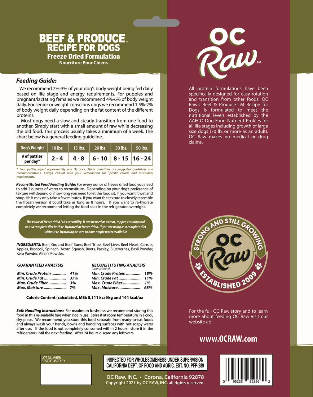 OC Raw Dog Food Freeze Dried Raw Beef & Produce Sliders 14oz