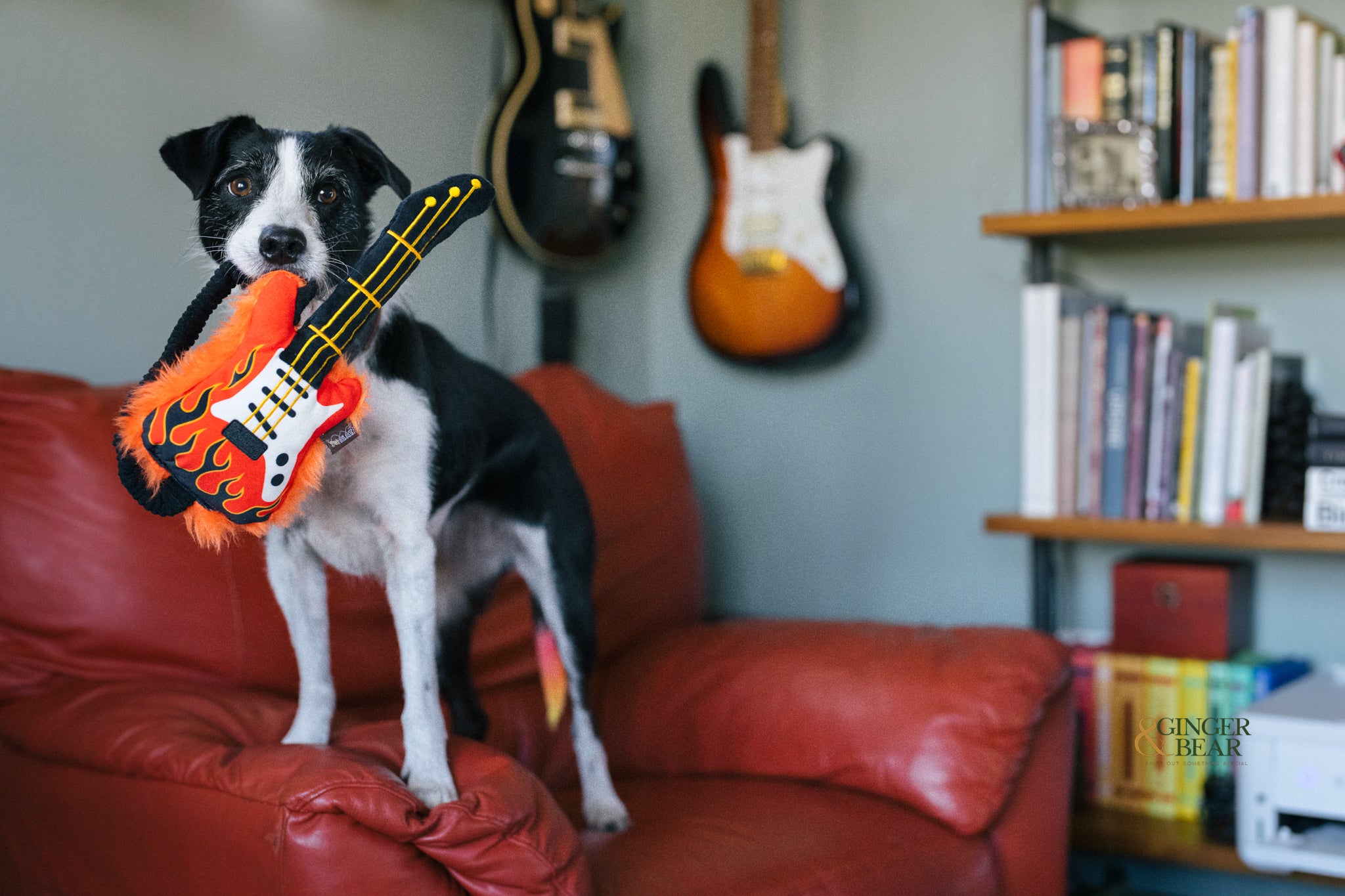 P.L.A.Y. 90s Classic Squeaky Plush Interactive Fun Dog toys, Rock'n Rollover Guitar