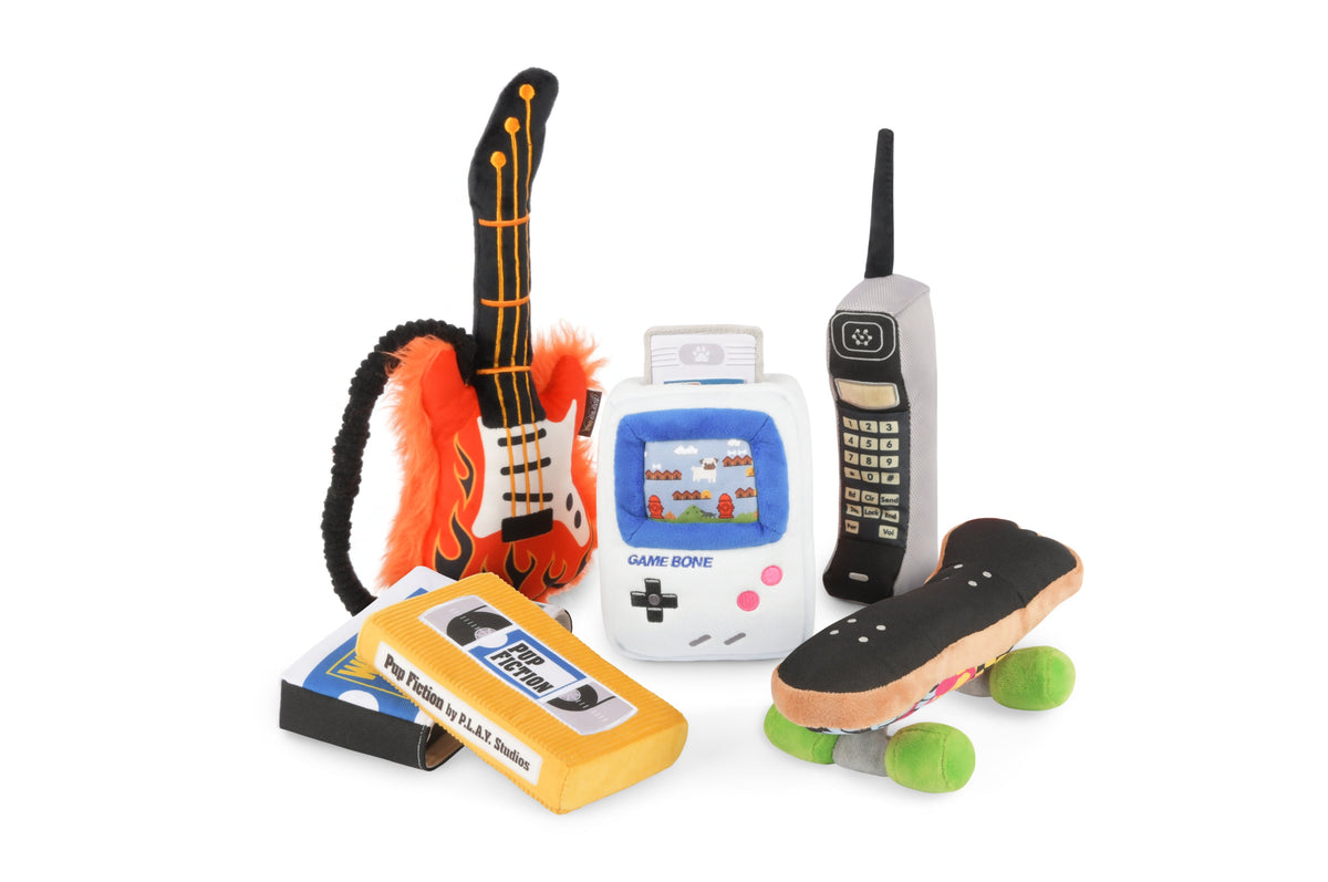 P.L.A.Y. 90s Classic Squeaky Plush Interactive Fun Dog toys, Rock'n Rollover Guitar