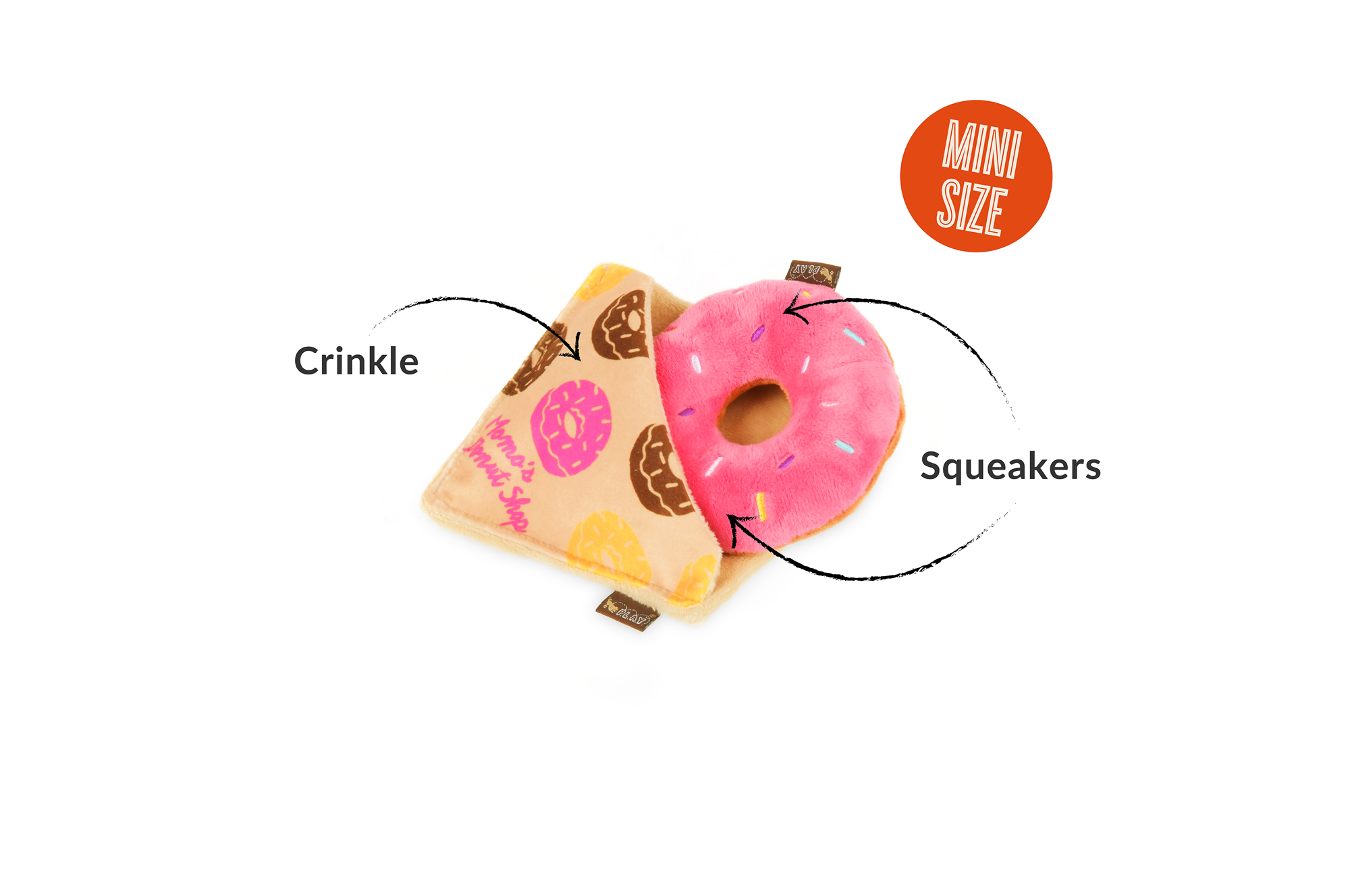 P.L.A.Y. Pup Cup Cafe Squeaky Plush Dog toys, Doughboy Donut (mini sized)