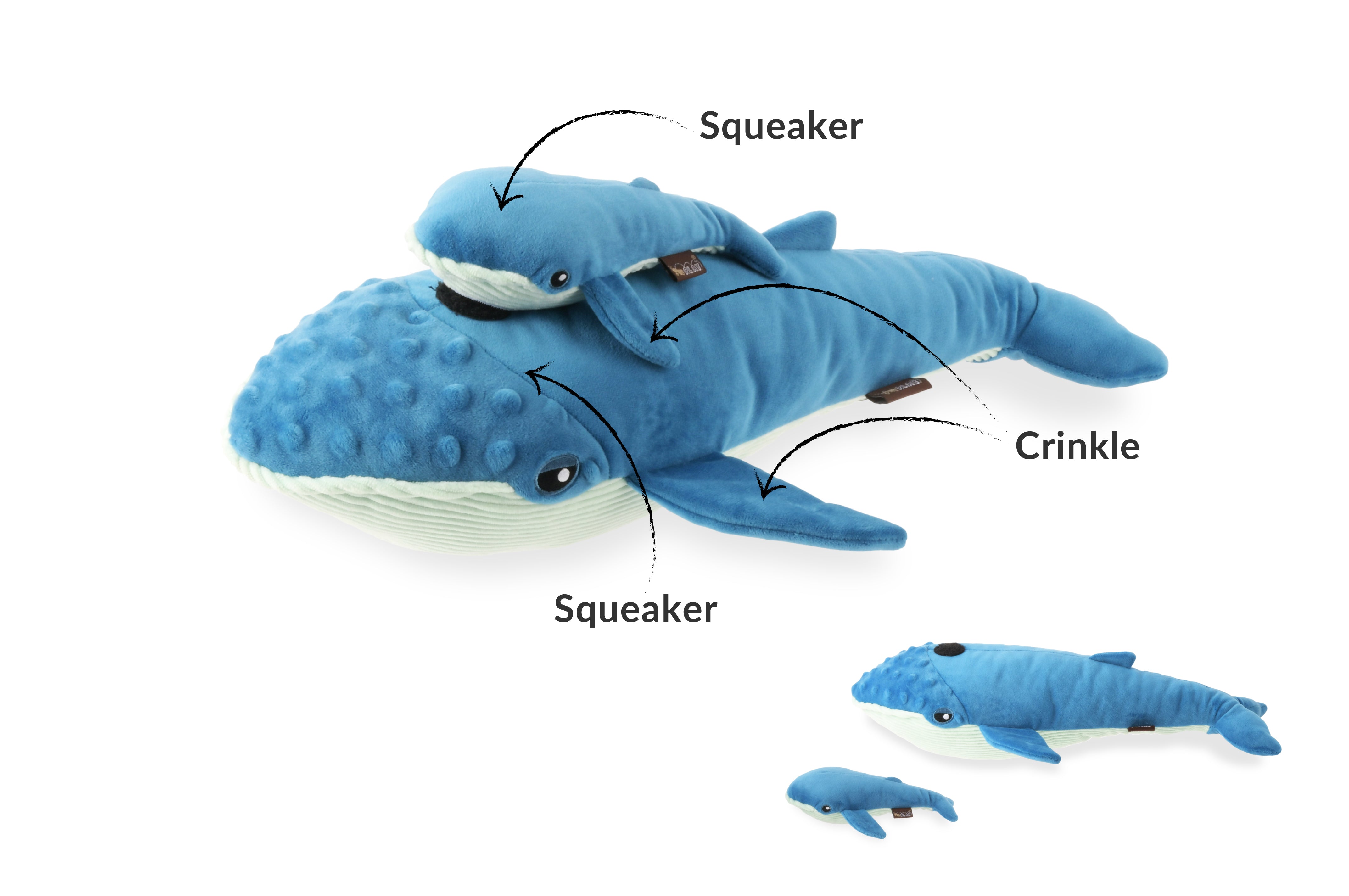 P.L.A.Y. Ocean Buddies Big Blue and Baby Blue whale interactive squeaky plush dog toy duo in blue fabric.
