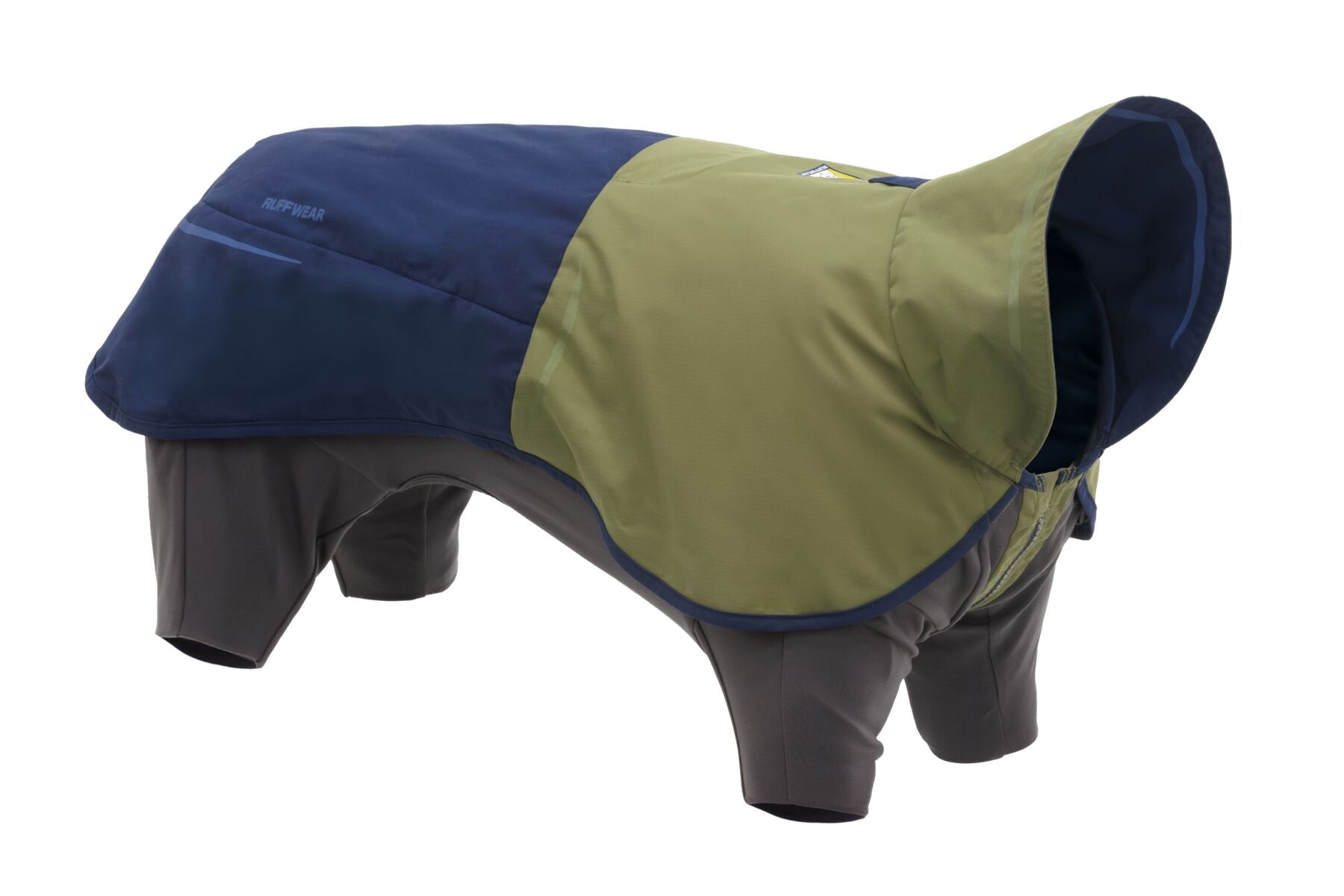 Waterproof Ruffwear Sun Shower dog raincoat with stretch sleeves and a chest zipper for full weatherproof protection