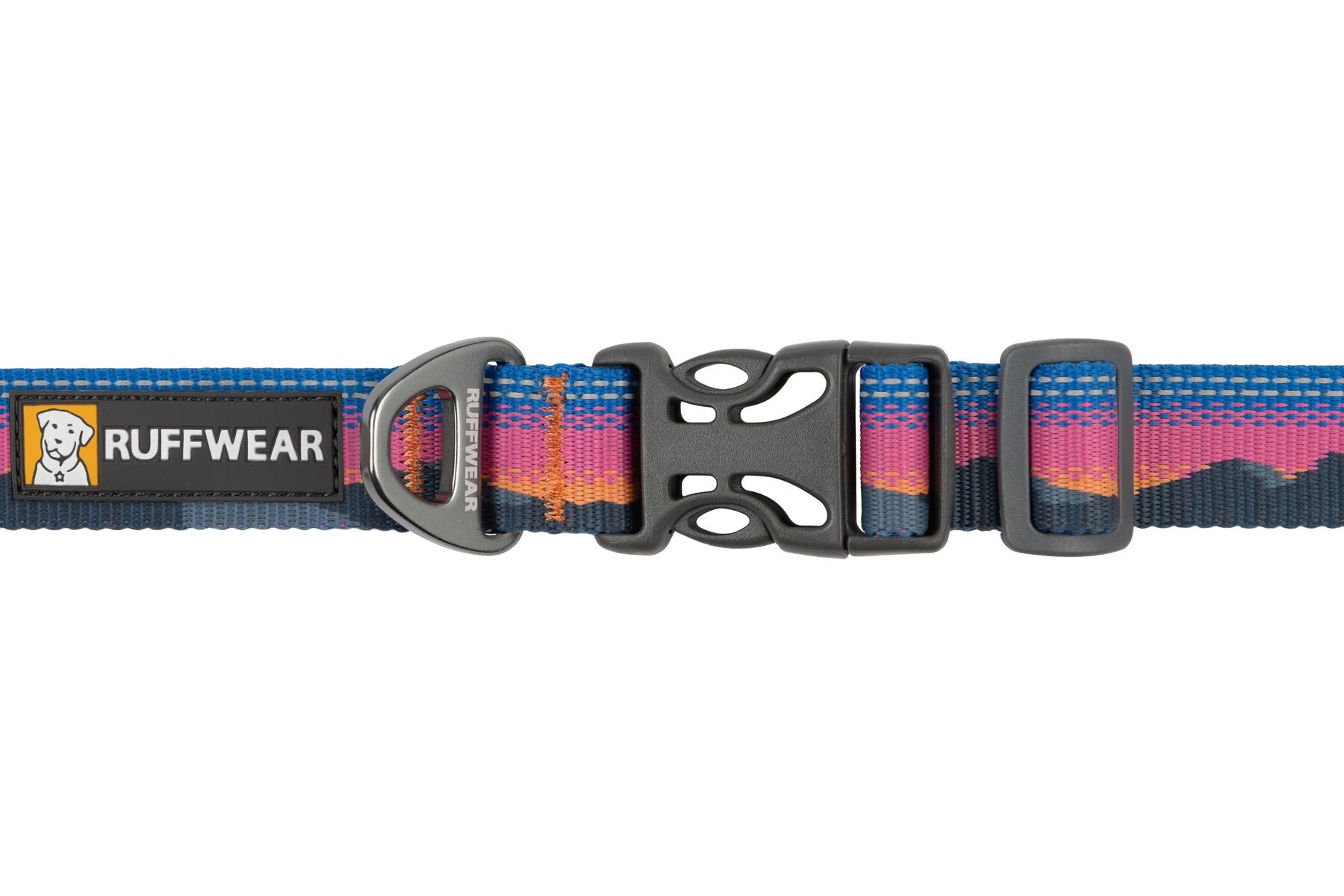 Premium outdoor dog gear: Ruffwear Crag collar displayed with colourfast patterned webbing.