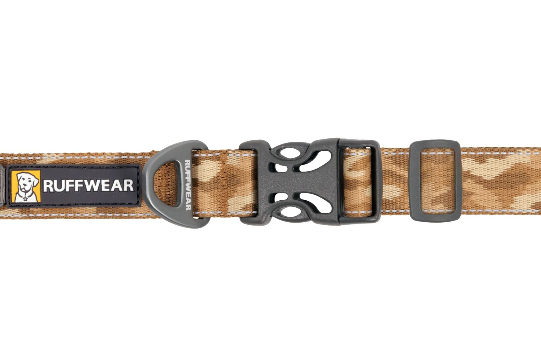Premium outdoor dog gear: Ruffwear Crag collar displayed with colourfast patterned webbing.