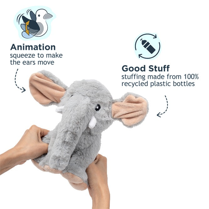 Soft texture close-up of the Tall Tails Animated Elephant dog toy made with 100% recycled plastic stuffing.