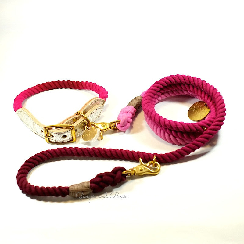 Rope and Leather Dog Collar, Maroon Ombre with Metallic Leather