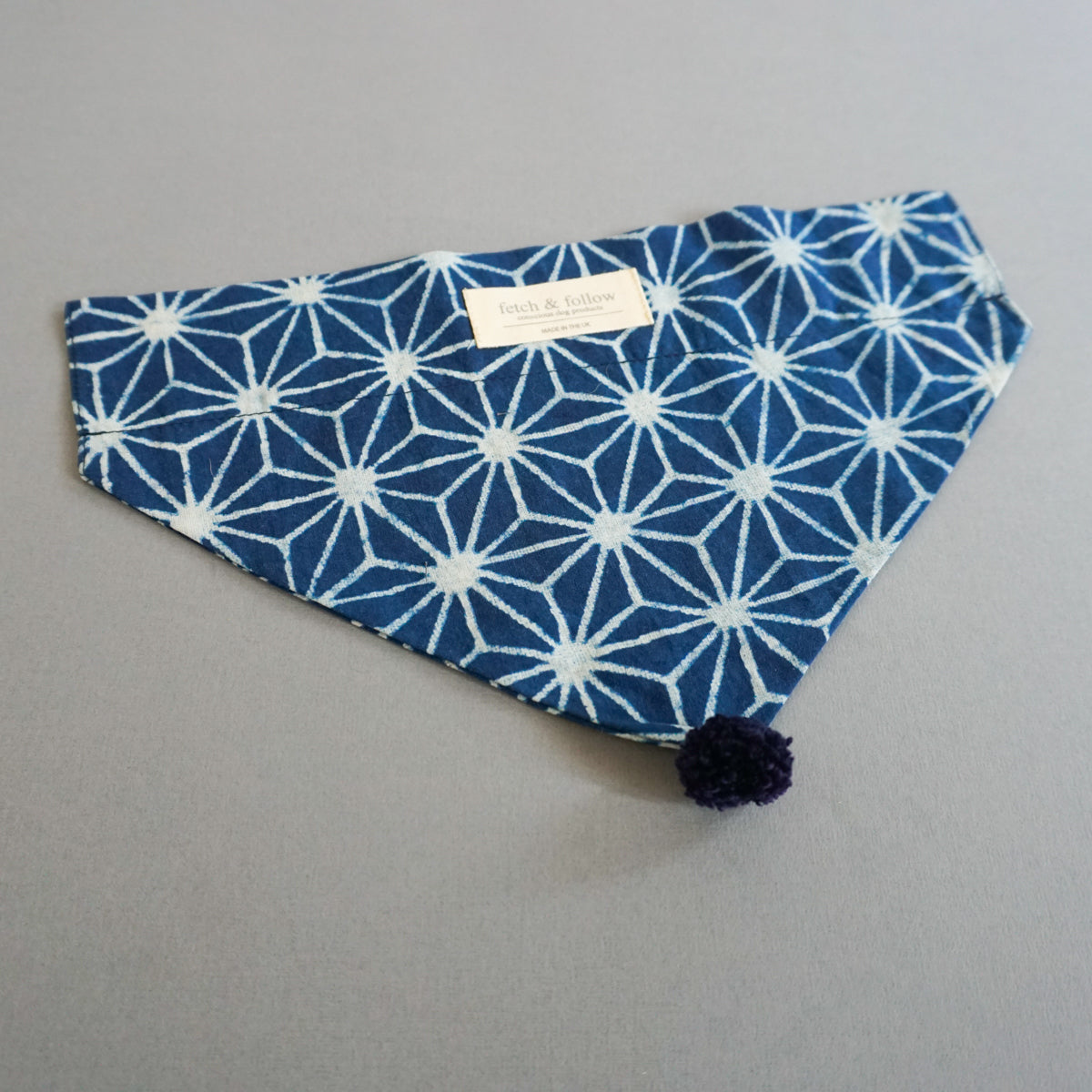 Fetch And Follow Indigo Block Printed Neckerchief Geo Flower with PomPom