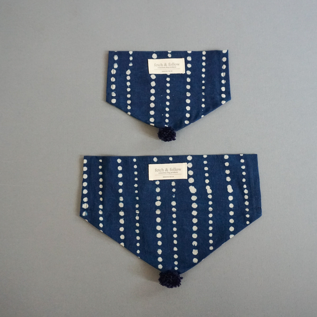 Fetch And Follow Indigo Block Printed Neckerchief Running Spot with PomPom
