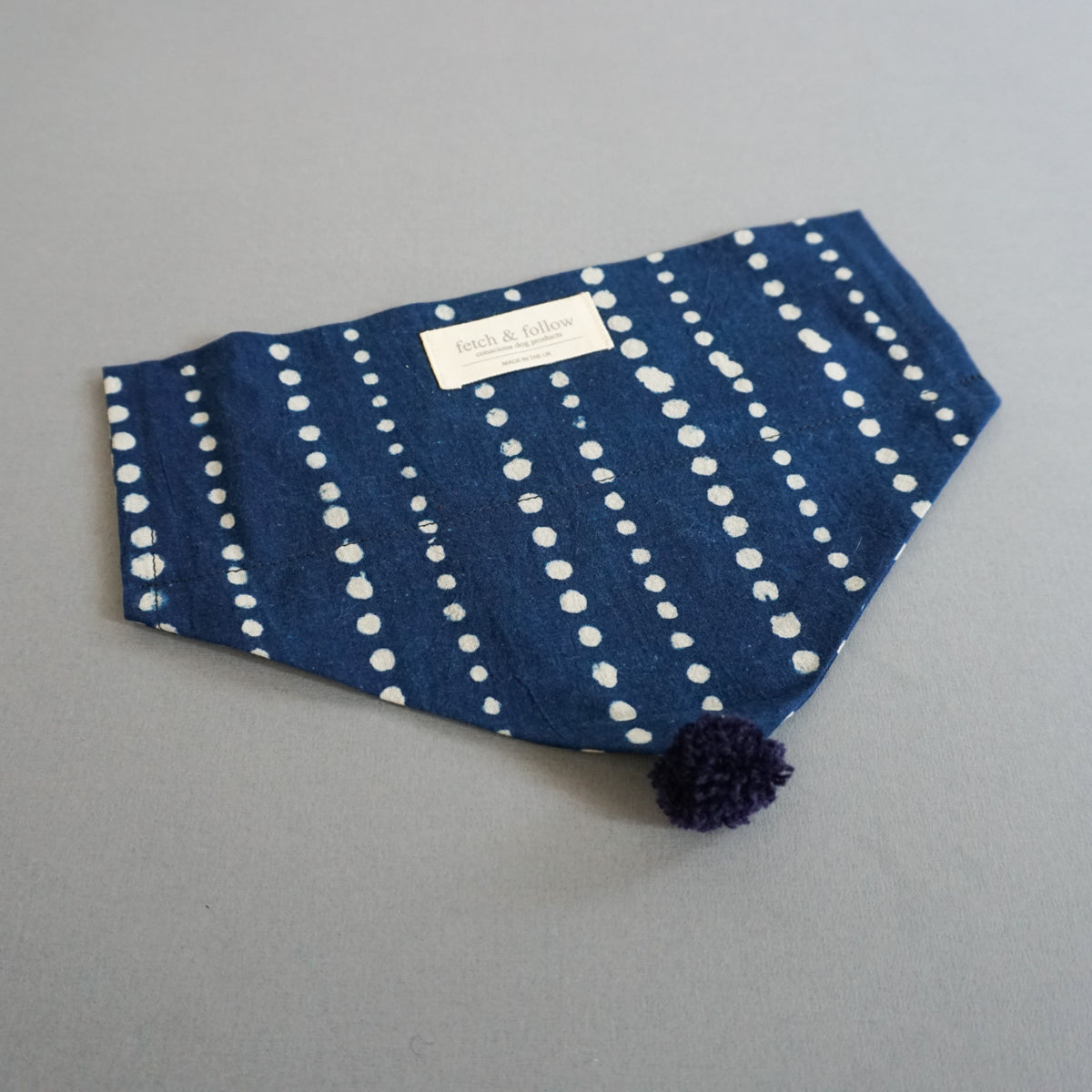 Fetch And Follow Indigo Block Printed Neckerchief Running Spot with PomPom