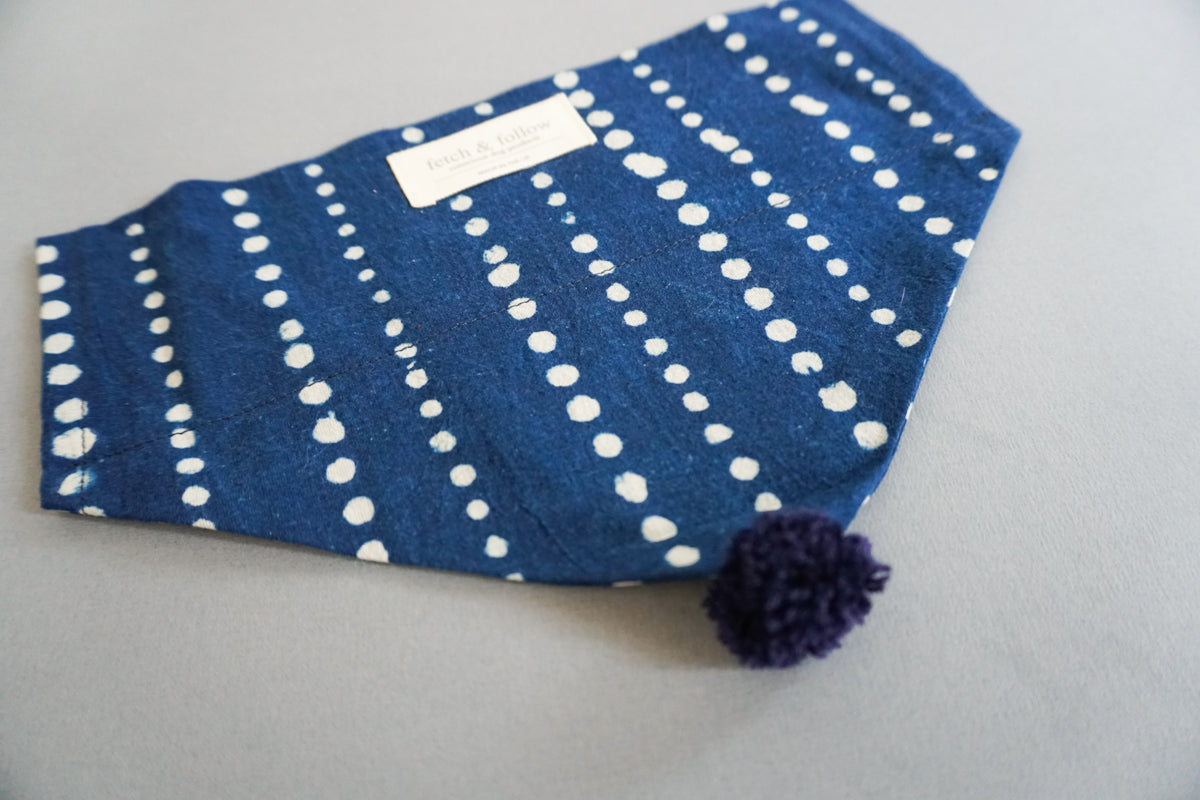 Fetch And Follow Indigo Block Printed Neckerchief Running Spot with PomPom
