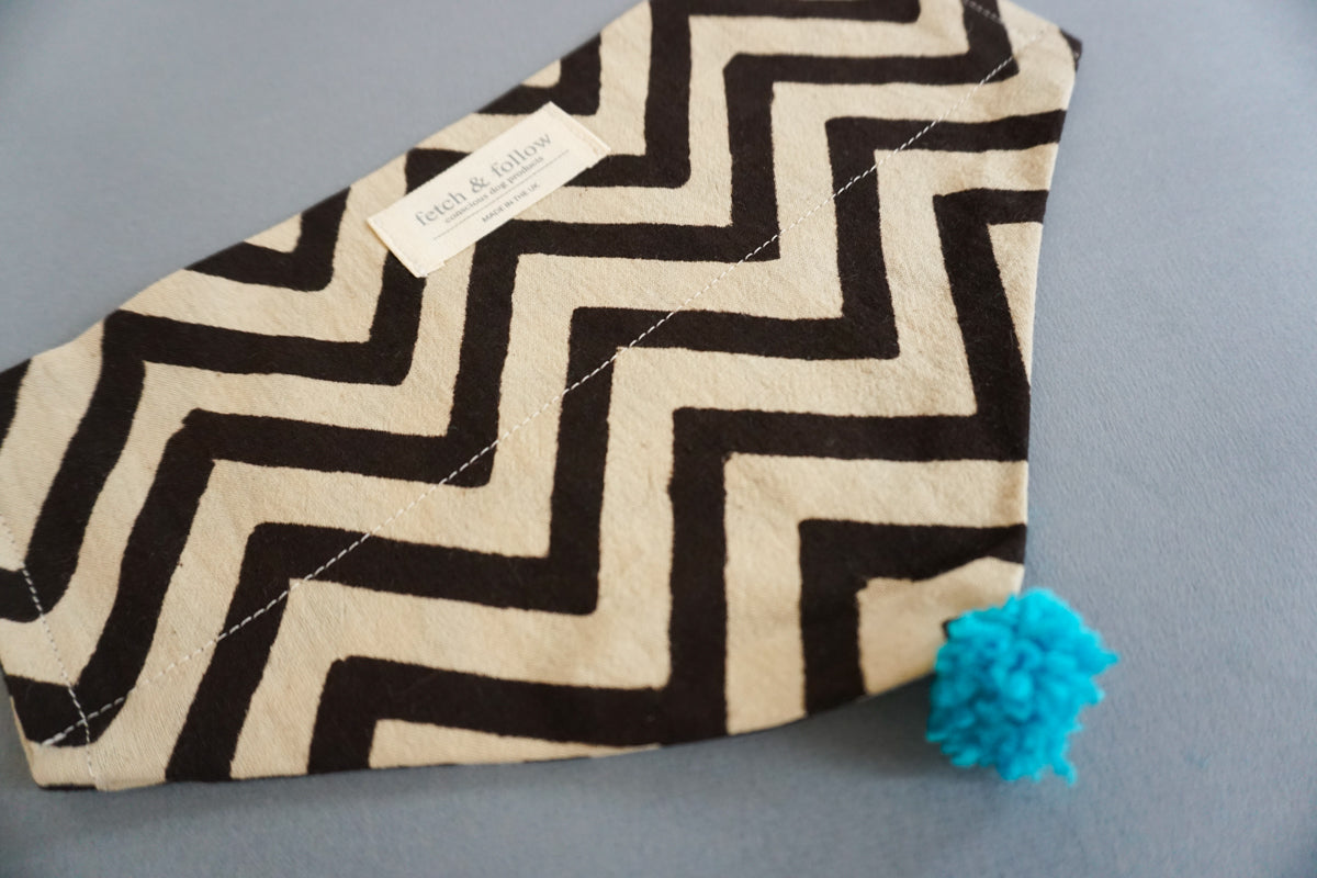 Fetch And Follow Indigo Block Printed Neckerchief ZigZag with PomPom