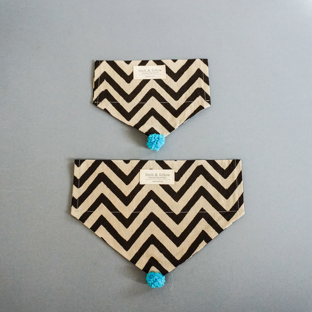 Fetch And Follow Indigo Block Printed Neckerchief ZigZag with PomPom