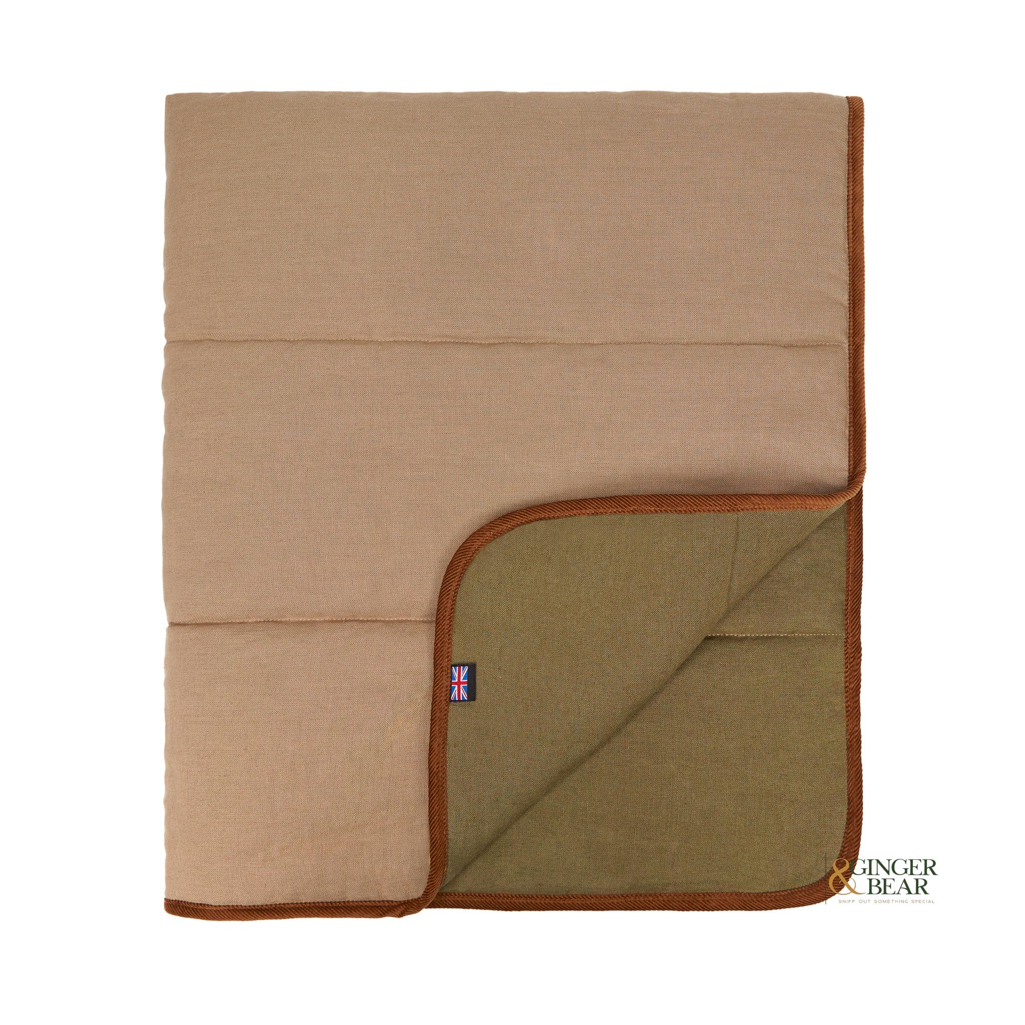 LISH Padbury Reversible Linen Dog Blanket, in Oat and Khaki Green