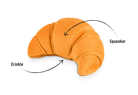 PLAY Barking Brunch Pups Pastry plush squeaky dog toy shaped like a golden brown croissants pastry