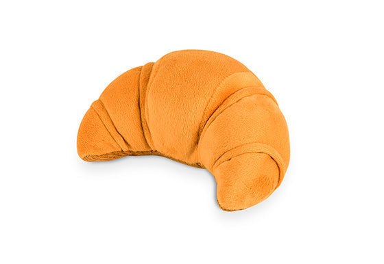 PLAY Barking Brunch Pups Pastry plush squeaky dog toy shaped like a golden brown croissants pastry