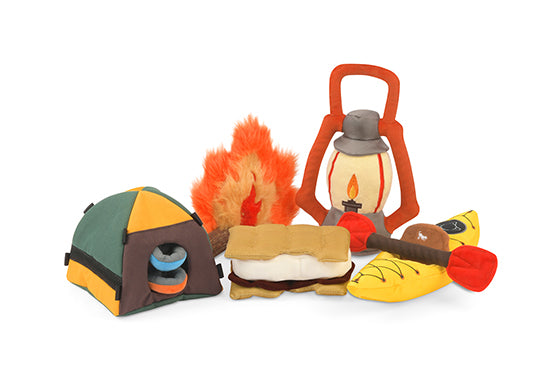 Camp Corbin Squeaky Plush Dog toys, Cozy Campfire