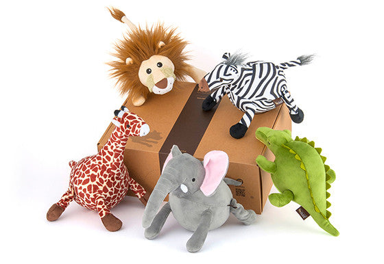 P.L.A.Y. Safari squeaky plush dog toys Lion Zebra Crocodile Elephant Giraffe