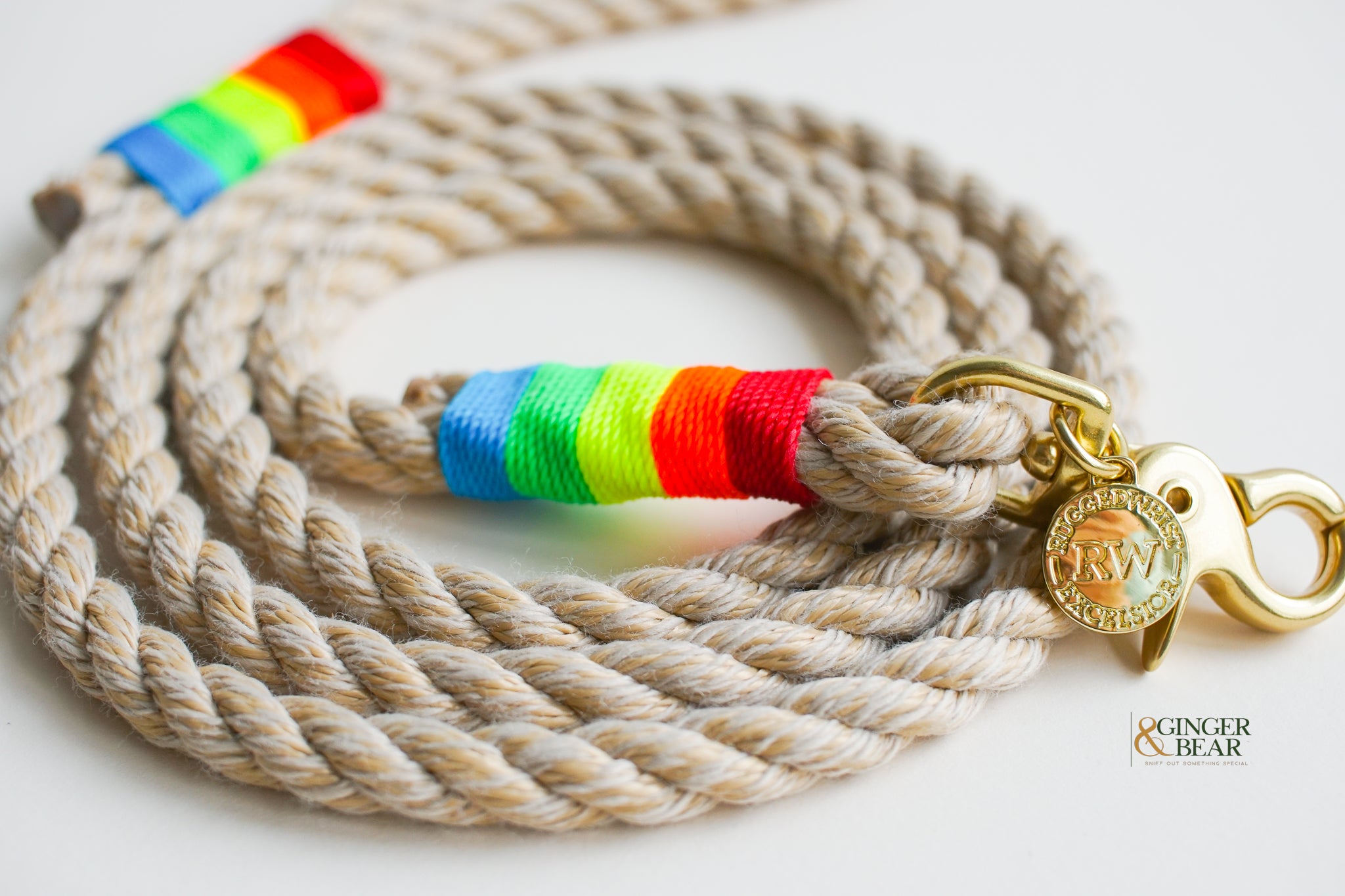 Rugged Hudson Dog Leash: Rainbow on Natural rope