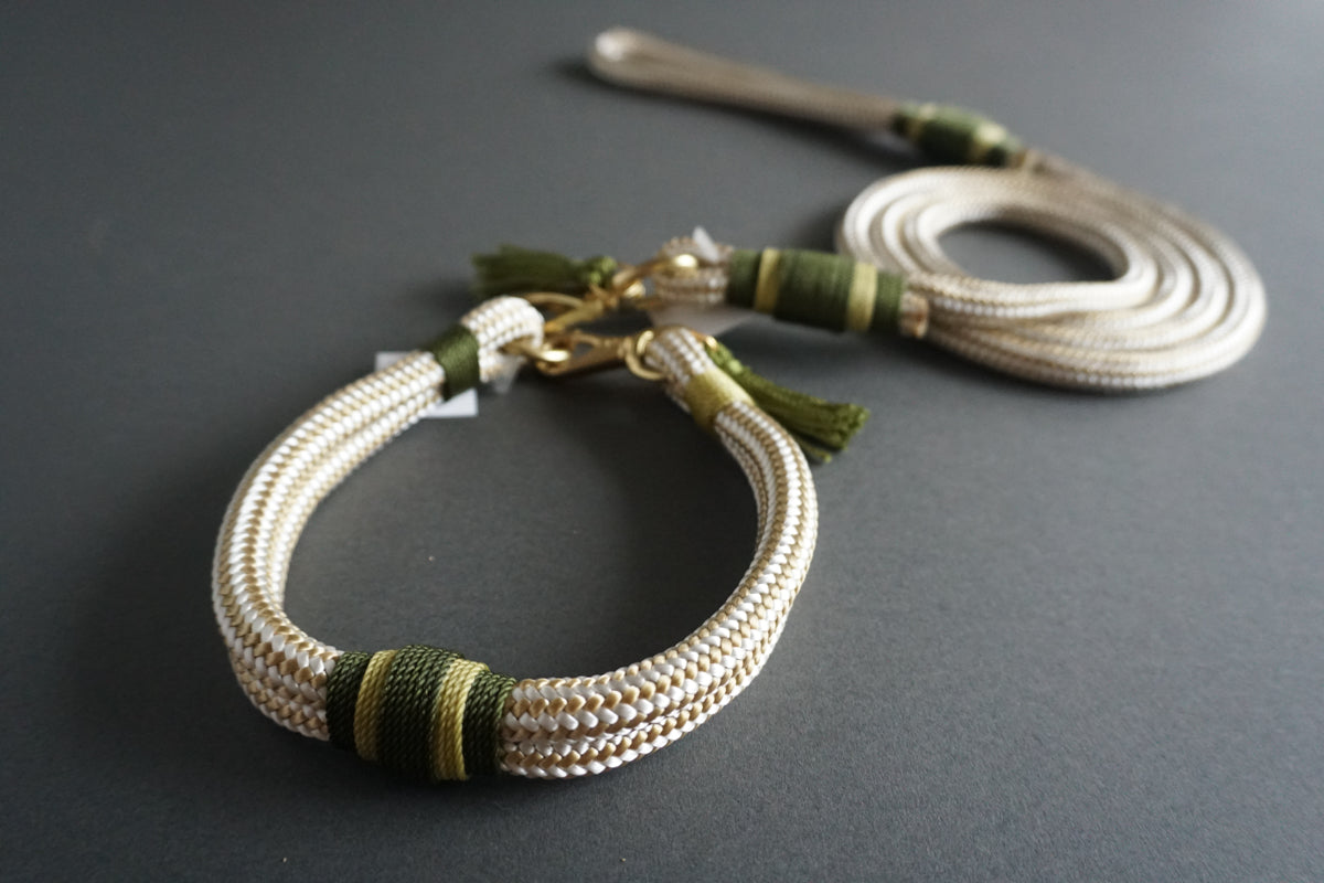 Rugged Wrist Dog Collar in Olive Green Rope with Tassle