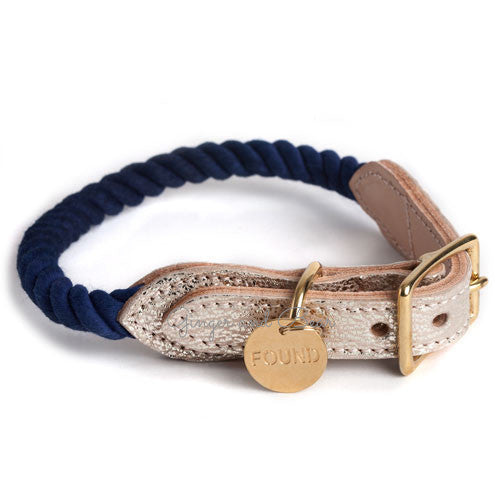 Rope and Leather Dog Collar, Blue Ombre with Metallic Leather