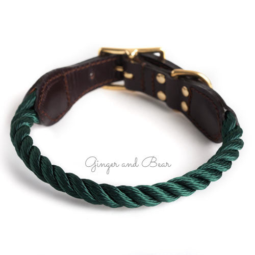 Rope and Leather Dog Collar, Hunter Green