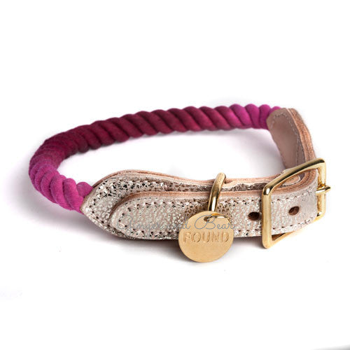 Rope and Leather Dog Collar, Maroon Ombre with Metallic Leather