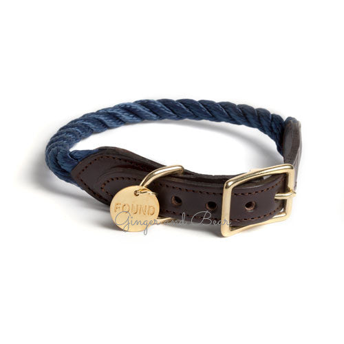 Rope and Leather Collar for Dogs and Cats, Navy