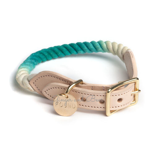 Rope and Leather Dog Collar, Teal (FINAL SALE)