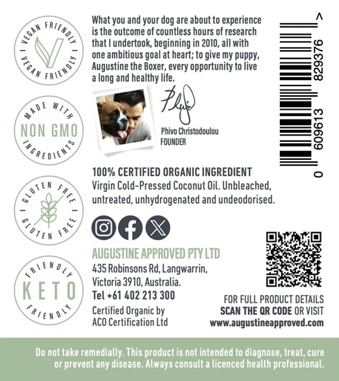 Augustine Approved Dual Certified Organic Raw Coconut Oil for Dogs and Cats