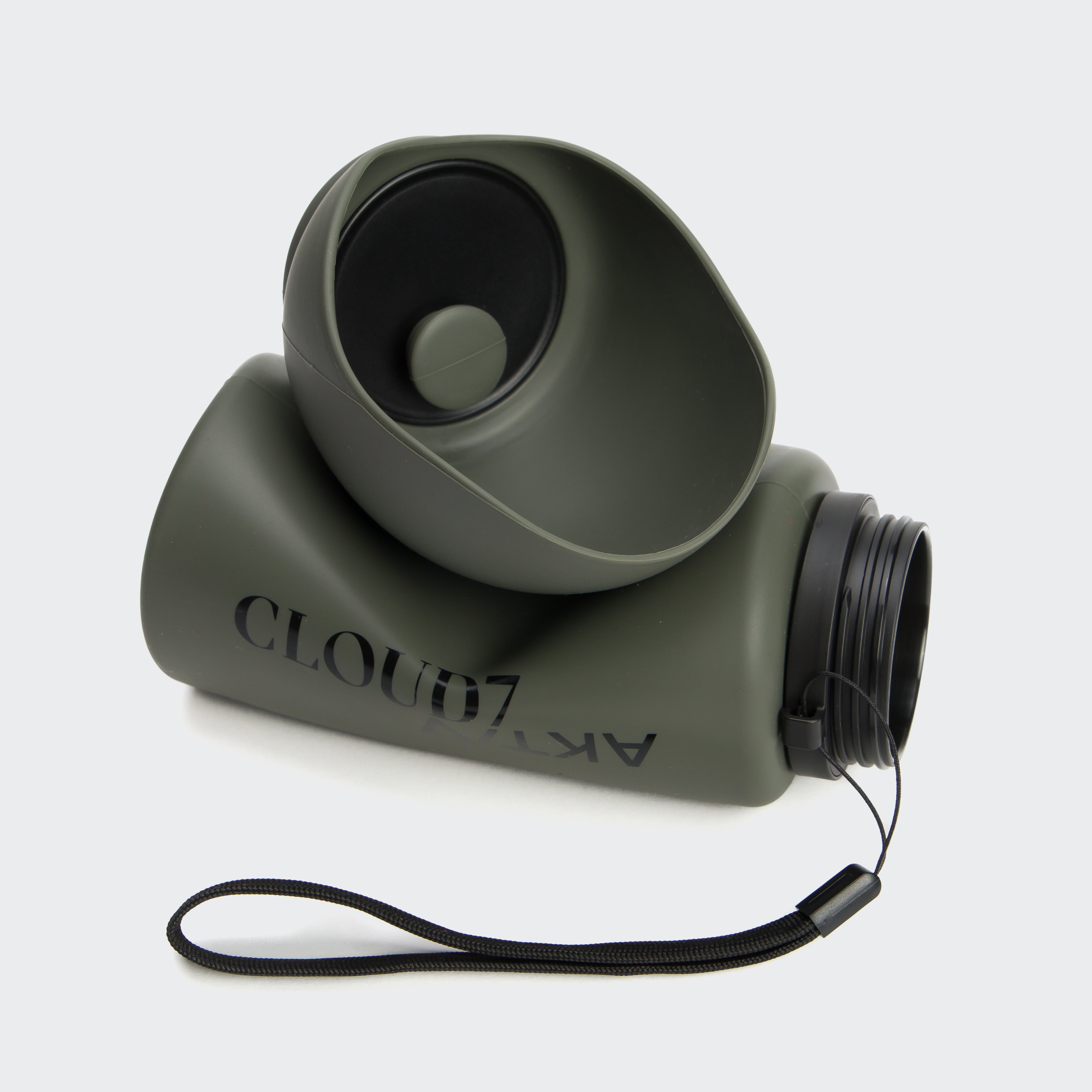 The Cloud7 AKTIV dog drinking bottle in Dark Olive, looking sleek and ready to rescue thirsty, adventurous pups on the go.