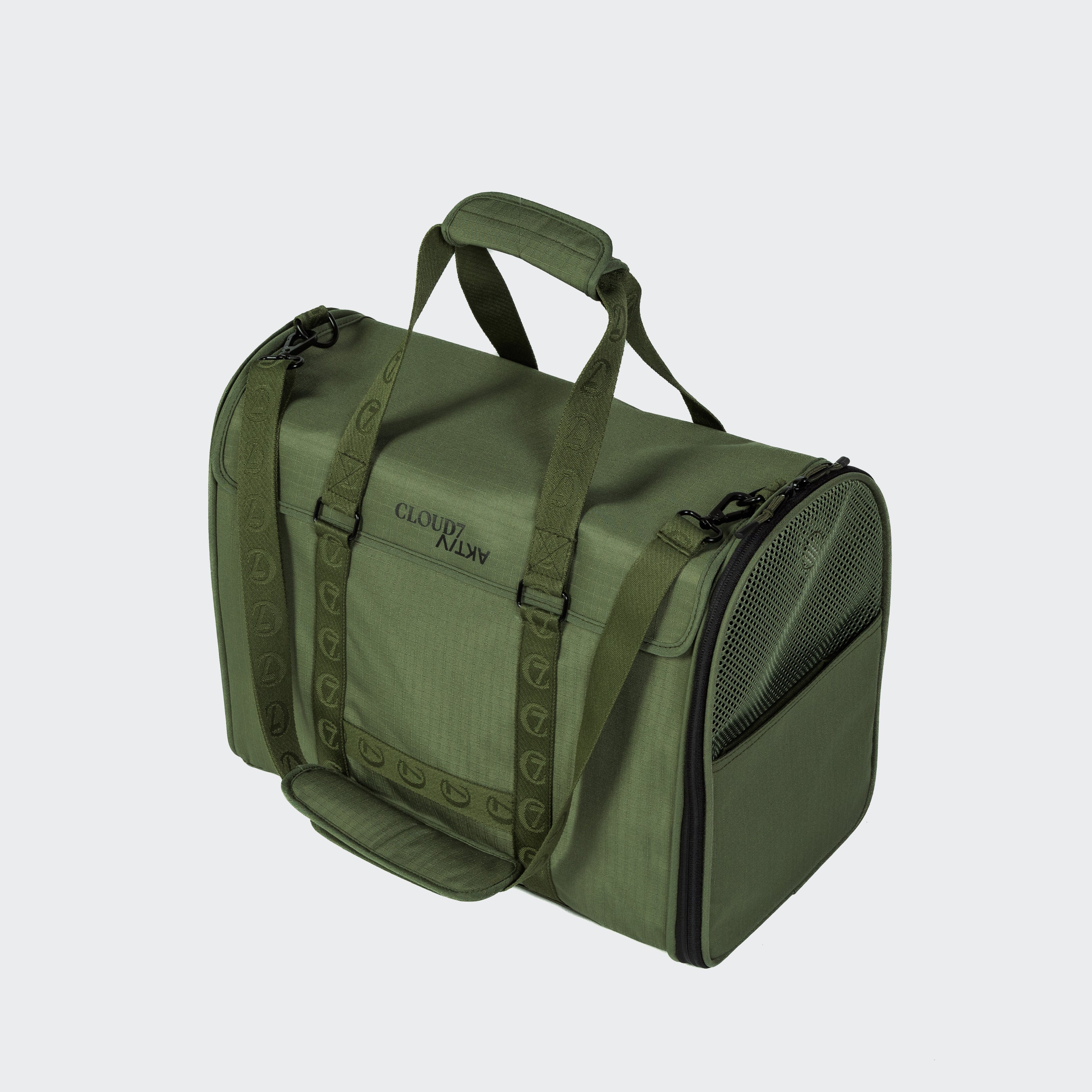 The Cloud7 AKTIV dog flight carrier bag in Olive, displaying its sturdy, airline-approved silhouette for premium pet travel.