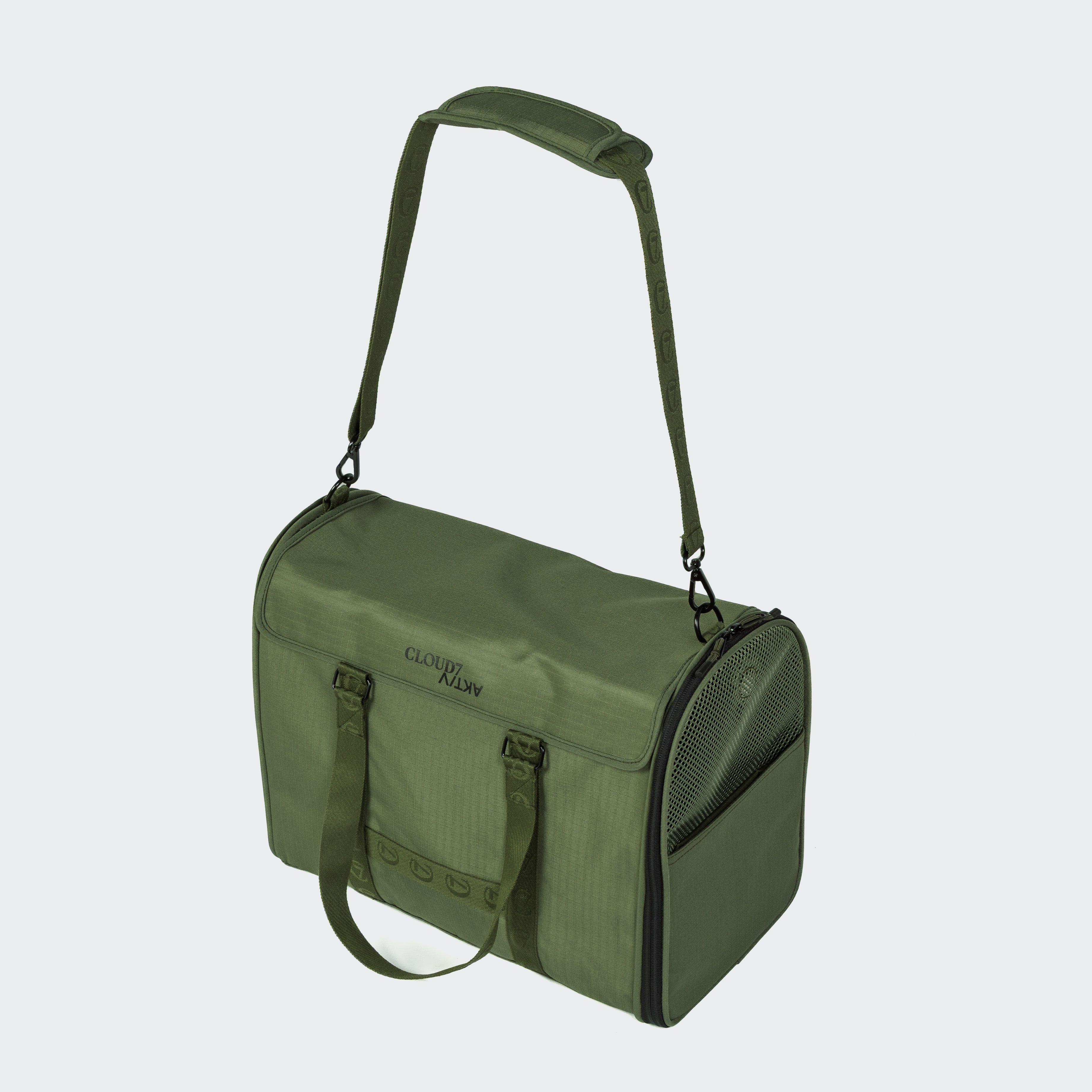 The Cloud7 AKTIV dog flight carrier bag in Olive, displaying its sturdy, airline-approved silhouette for premium pet travel.